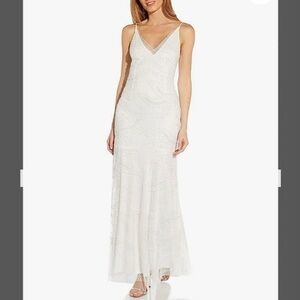 Adrianna Papell V-neck Spaghetti Strap Beaded Mesh Covered Mermaid Gown in Ivory